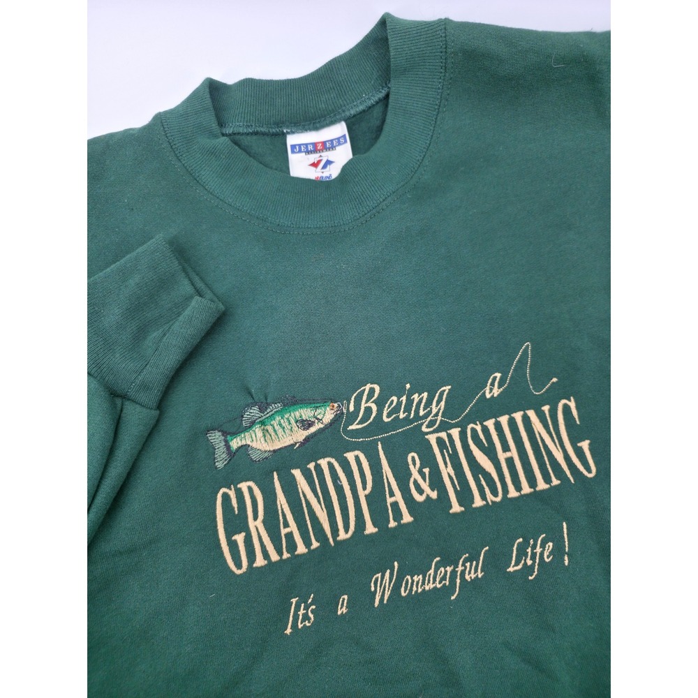 Jerzees Mens Grandpa Fishing Sweatshirt Green Embroidered Graphic Crewneck M